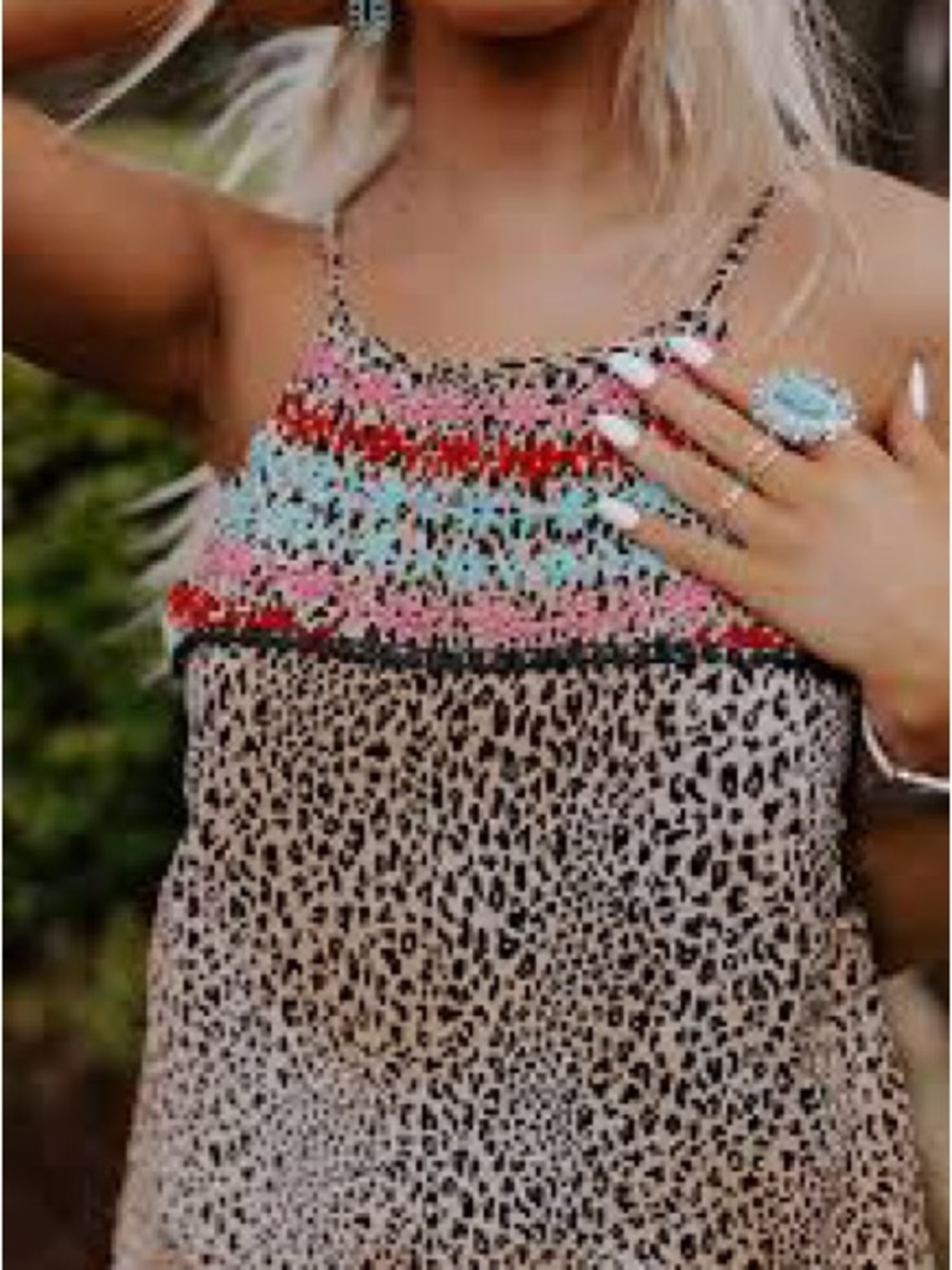 Boho Leopard Print Spaghetti Strap Top with Multicolor Crochet Yoke
